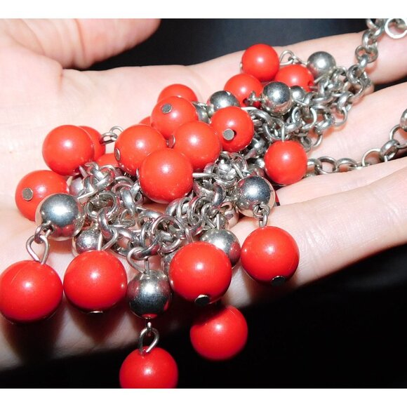 Elegant Bohemian Red And Silver Tone Ball Fringe Necklace - Picture 2 of 3